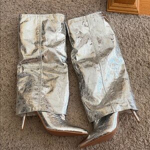 Fashion Nova Silver Metallic Over-the-Knee Pointed Stiletto Boots